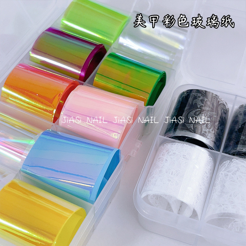 อุปกรณ์แต่งเล็บกระดาษถ่ายโอนสีดําสีขาวเต็มไปด้วยดวงดาวบนท้องฟ้ากระดาษสีสติกเกอร์ออโรร่ากระดาษเซลโพาน10สีชุด