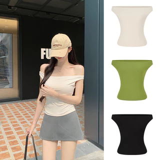 <Moss Queen> เสื้อยืดแขนสั้นเปิดไหล่สไตล์เกาหลี เสื้อครอป