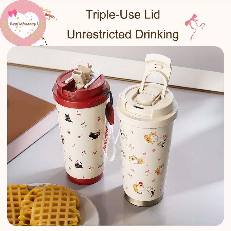 WW Floral Kitten Design 550ml Dual-DrinkCup, ขวดน้ํา 316 แบบพกพาความจุขนาดใหญ่ TH