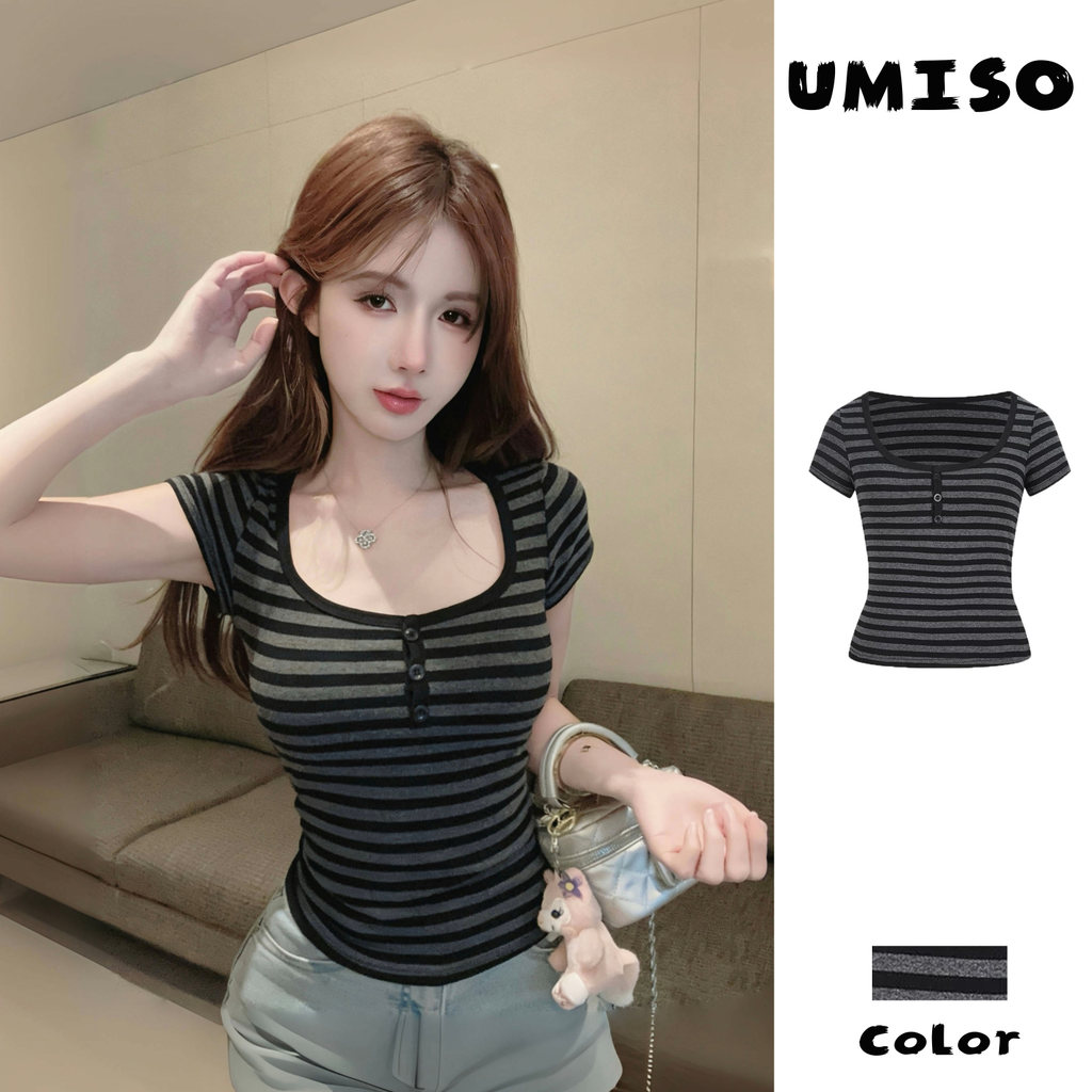 UMISO ส่งไวจากไทย เสื้อแขนสั้น คอU กระดุมหน้า ลายทาง น่ารักสไตล์เกาหลี ผ้ายืด นุ่ม