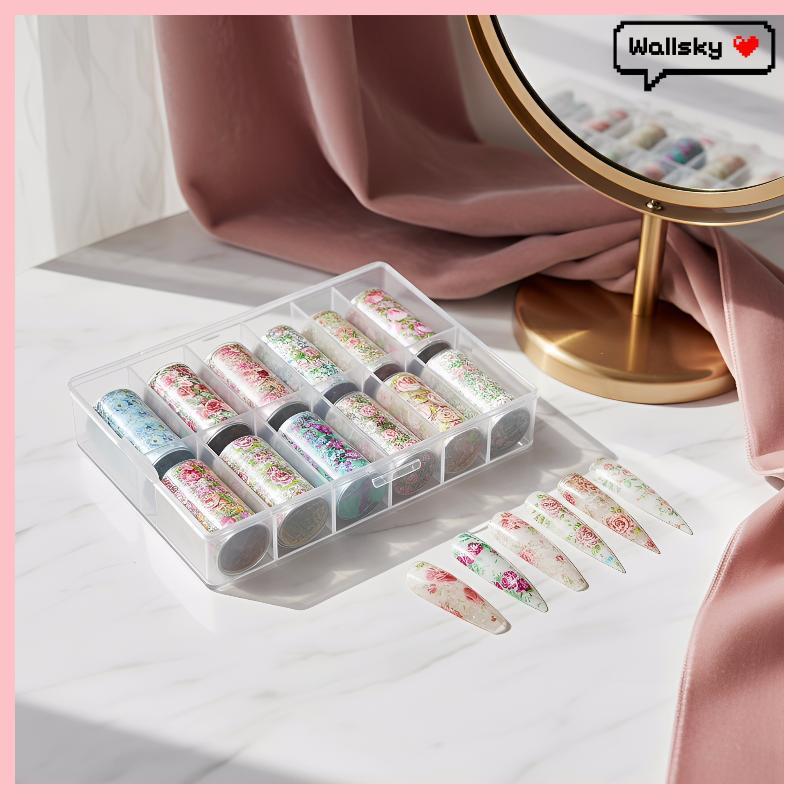 Wallsky>ฟอยล์เพ้นท์เล็บ 10 ม้วนดอกไม้ Rose Butterfly Transfer กระดาษดอกไม้ Sliders สําหรับ DIY ร้านทําเล็บมืออาชีพตกแต่งเล็บดี