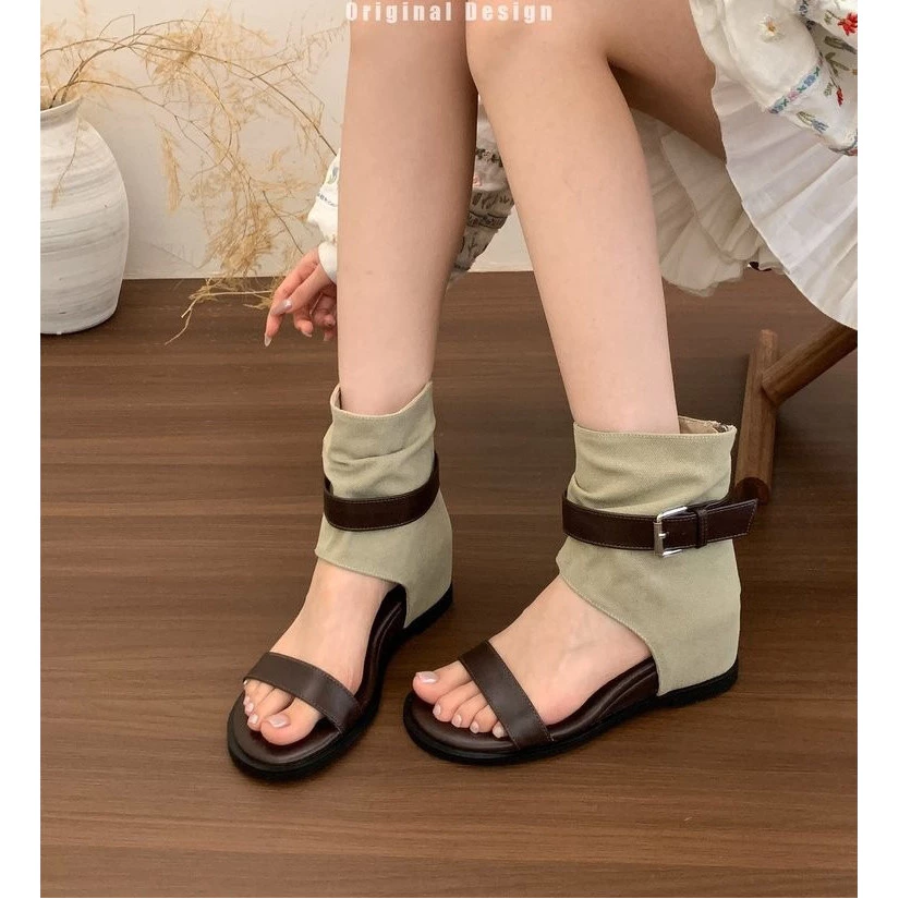 Retro รองเท้าแตะโรมันผู้หญิงความสูงด้านใน Wedge Heel Design ขนาดเล็ก Slimmer ดู All-Match Breathable สบายรองเท้าแตะ