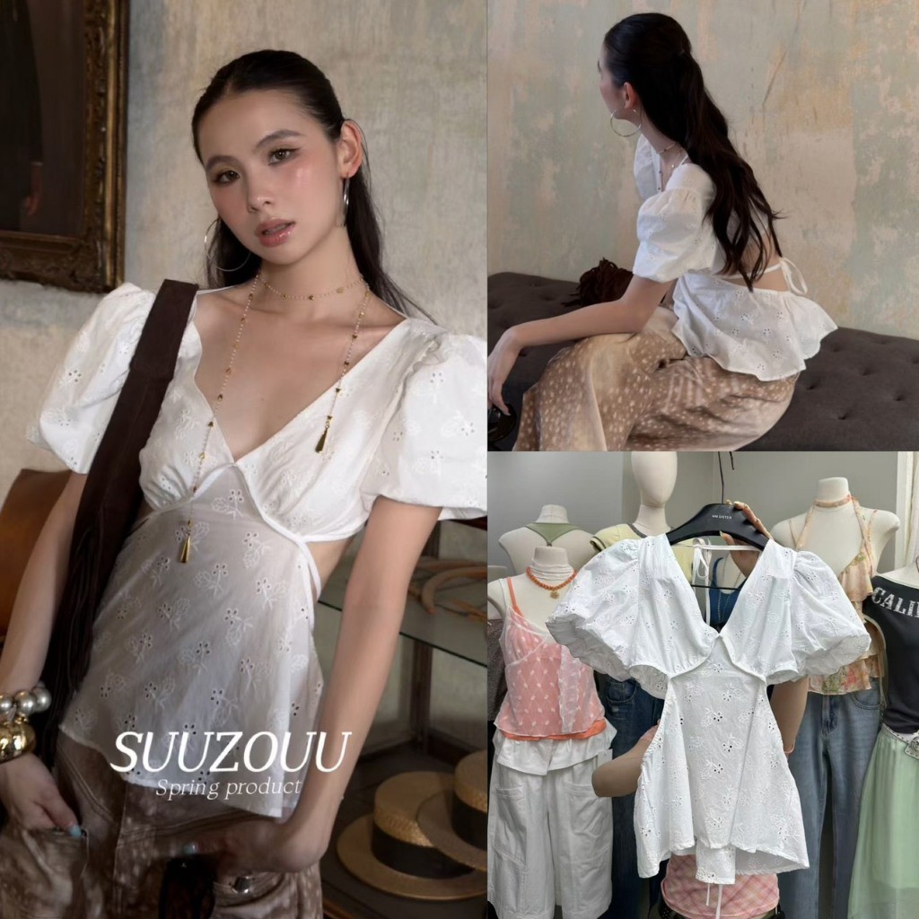 ❤ 🧵 🇰🇷 SU158 เสื้อคอวีผ้าฉลุ แต่งแขนตุ๊กตา ด้านหลังแต่งเว้า ผ้าดีใส่สบายทรงสวย งานน่ารักมากๆ แฟชั่นเกาหลี TAG MM Fish 🧡