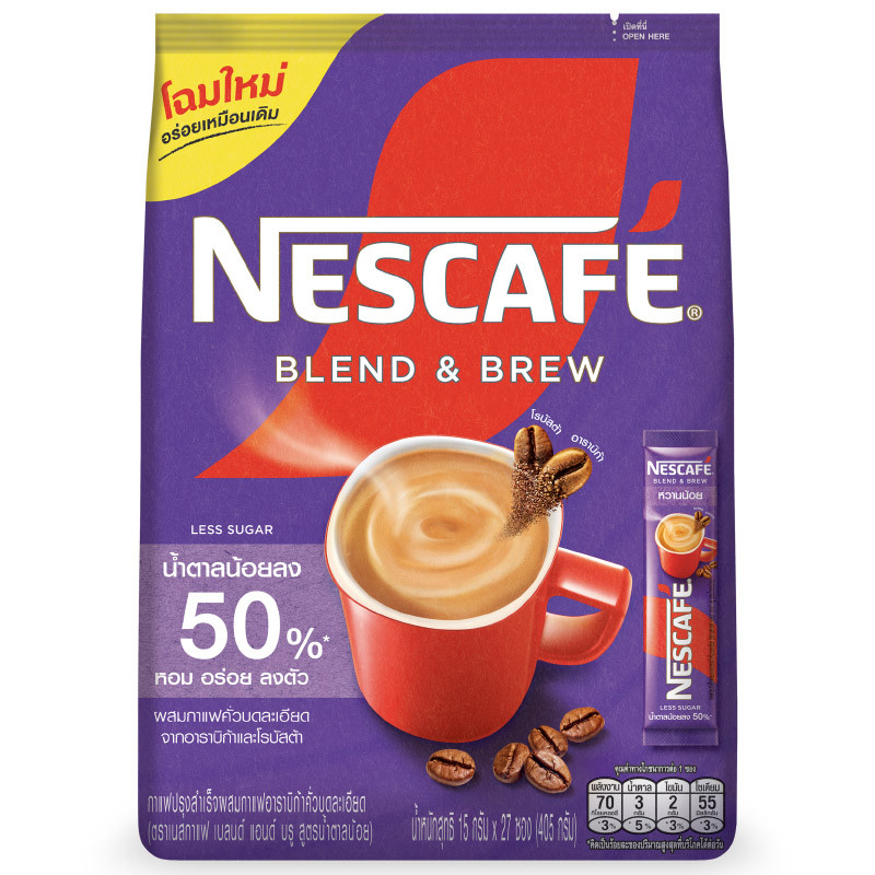 เนสกาแฟเบลนด์แอนด์บรูกาแฟปรุงสำเร็จชนิดผงสูตรน้ำตาลน้อย 15ก แพค 27ซอง Nescafe Blend and Brew 15X27 [