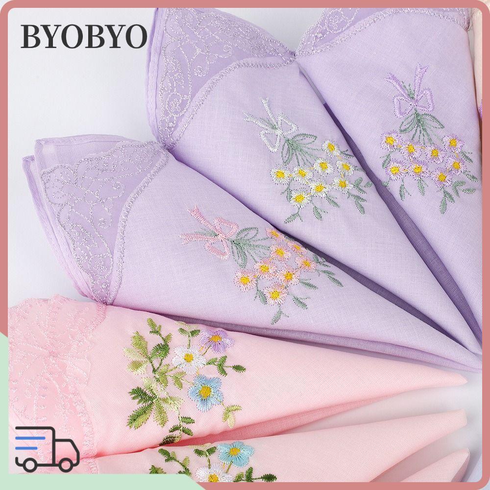 BYOBYO ผ้าปักลายดอกไม้ปักลายผ้าเช็ดหน้าทรงสี่เหลี่ยมนํากลับมาใช้ใหม่ได้นุ่มดอกไม้ลูกไม้ผ้าฝ้ายหรูหรา Hanky สําหรับผู้หญิง