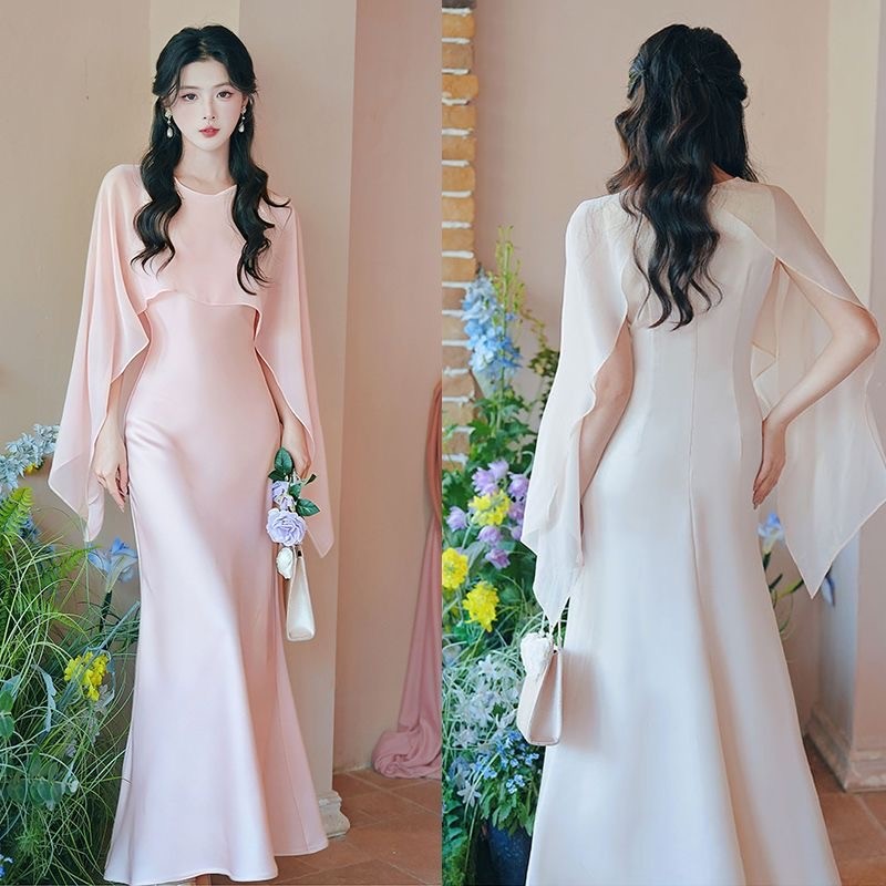 Cuties 99411  ชุดราตรี ชุดฝรั่งเศส สีพื้น หรูหรา ชุดใส่ไปงาน ผ้าซาติน คอกลม มีเสน่ห์ สำหรับผู้หญิง