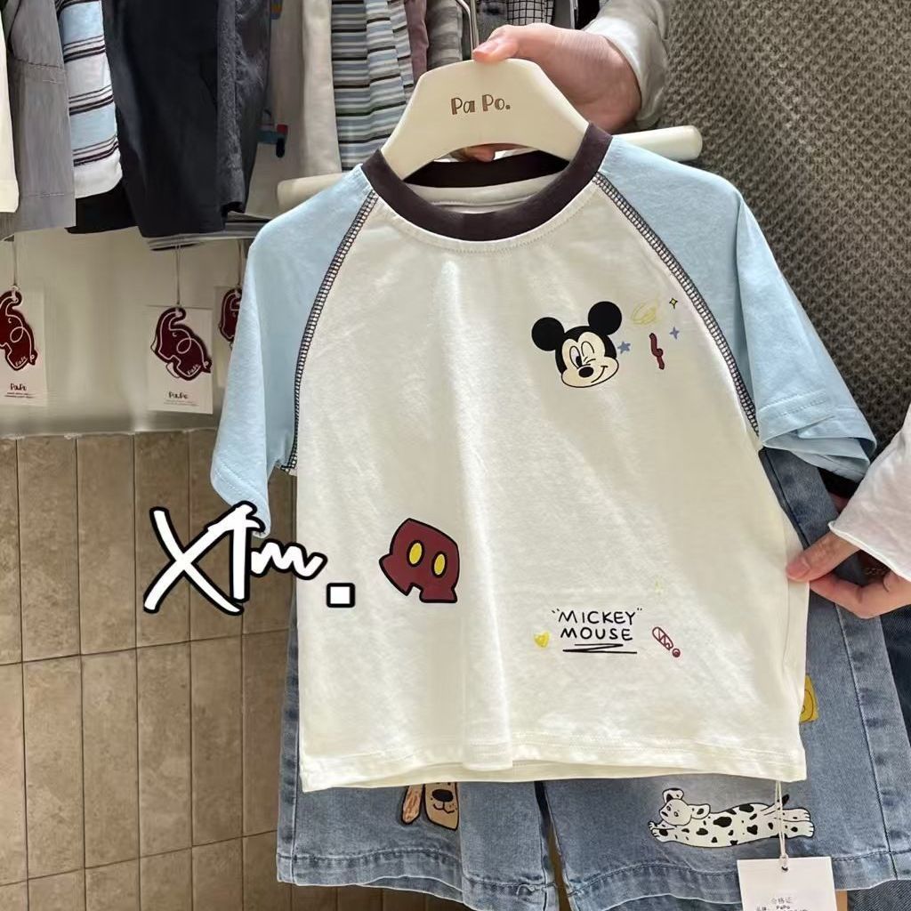 เด็กผ้าฝ้ายแท้เย็บสี แร็กแลน แขนแขนสั้นเสื้อยืดฤดูร้อนชายแฟชั่นการ์ตูนรอบคอครึ่งแขนหลวมด้านบนสาวน่ารักน่ารัก จุดต่ําสุด เสื้อ