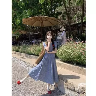 STYLE#เดรสแขนสั้นสีฟ้าลายตาราง หญิง สไตล์เรโทร แขนพอง ผูกเอว ทรงหลวมเกาหลี ใช้ได้หลายโอกาส เหมาะหน้าร้อน#99399
