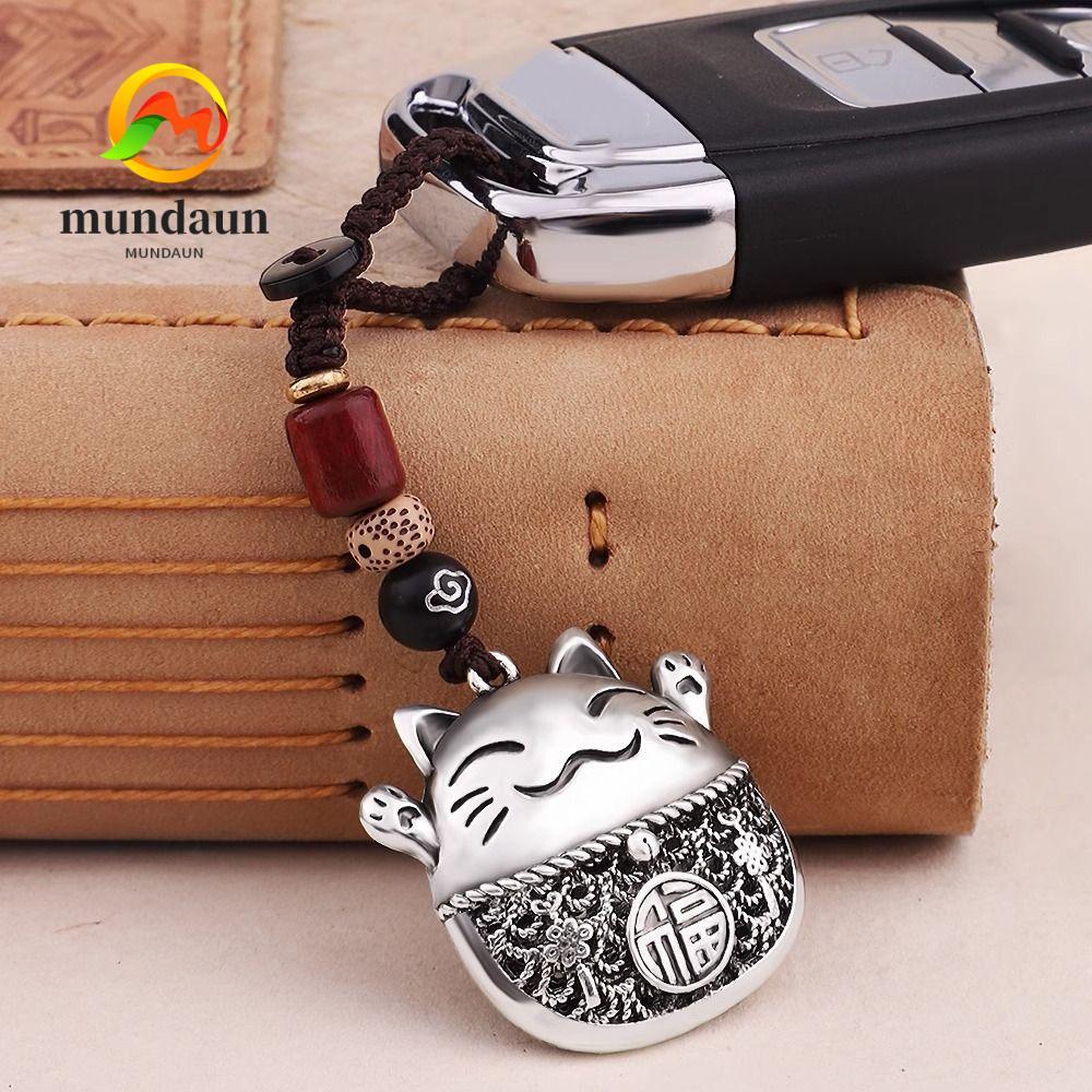 MUNDAUN พวงกุญแจ, พวงกุญแจเชือกถักทองแดง, เครื่องประดับรถยนต์เงินแมวนําโชค