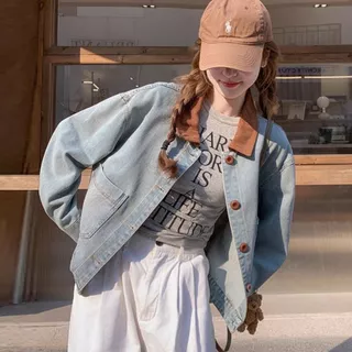 [Grojoy] (คลังสินค้าพร้อม) Retro Contrast Color Lapel Denim Jacket ผู้หญิงหลวม Slimmer ดูล้าง DENIM แจ็คเก็ตฤดูใบไม้ผลิฤดูใบไม้ร่วง All-Match Casual Jacket GRL155 #