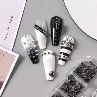 HANHAI 6 กริด Y2K Punk โลหะ Rivet เล็บ Charms กรวยผสม Sized Bla เงินเล็บ Studs 3D สไตล์โลหะผสม Spike สําหรับ DIY เล็บตกแต่ง TH