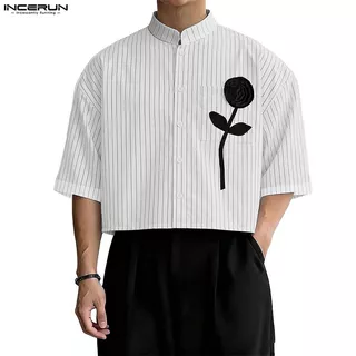 INCERUN เสื้อผู้ชายสไตล์เกาหลี คอตั้งแขนครึ่งลายทาง ออกแบบด้วยการเชื่อมต่อแบบ 3D ดอกไม้