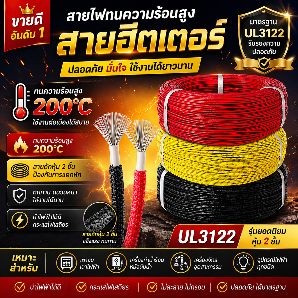 สายไฟทนความร้อนสูง หุ้ม 2 ชั้น UL3122 หรือสายฮีตเตอร์ทนความร้อนได้ถึง300องศา สายถักหุ้มซิลิโคน หนา(ซ่อม เปลี่ยนเตาขนม)
