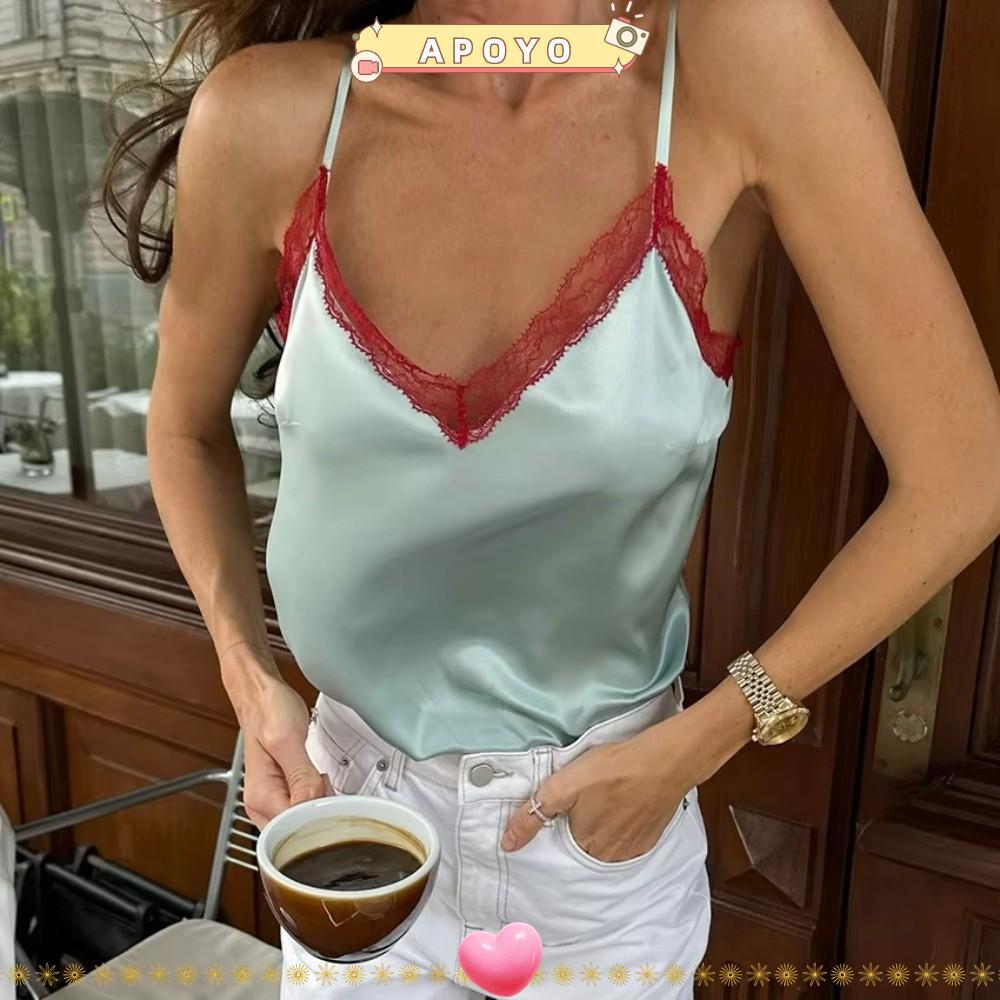 APOYO Backless Camisole, คอวีลึกลูกไม้ Trim Spaghetti Strap Top, Simple French Satin Halter Patchwor