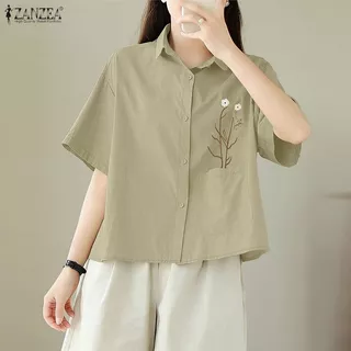 ZANZEA ผู้หญิงเกาหลี Street Stylish Turn-Down-Collar แขนสั้นปักพิมพ์ปุ่มเสื้อ