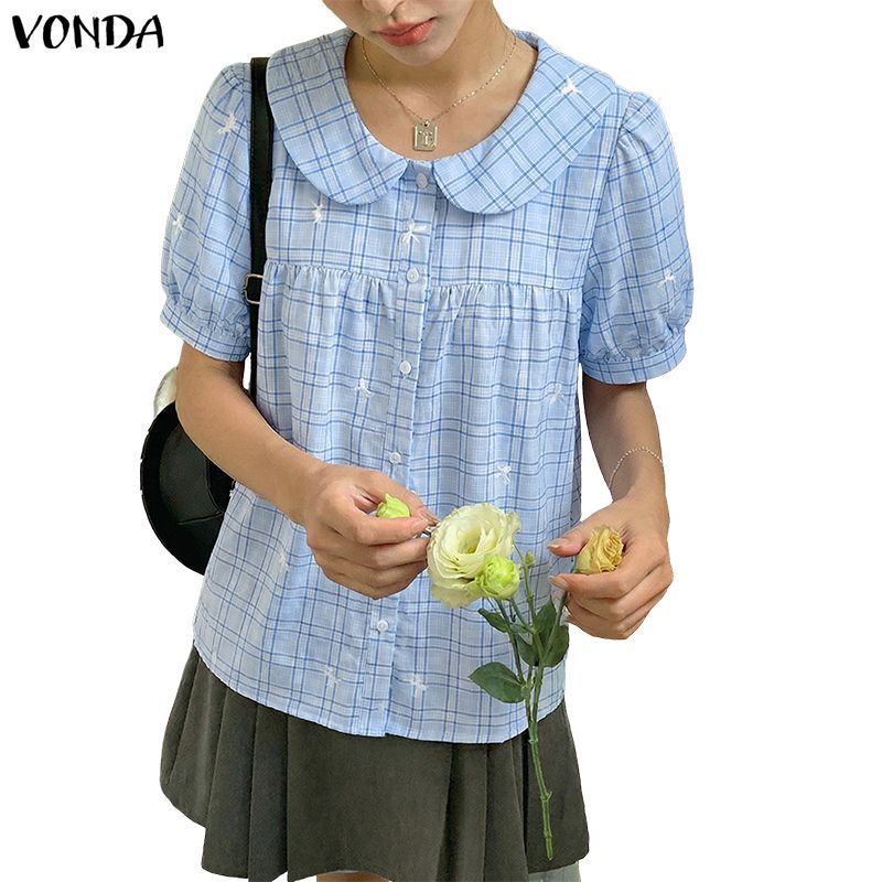 VONDA เสื้อผ้าผู้หญิง Korean Style คอตุ๊กตาพัฟแขน bows พิมพ์ลายสก๊อต