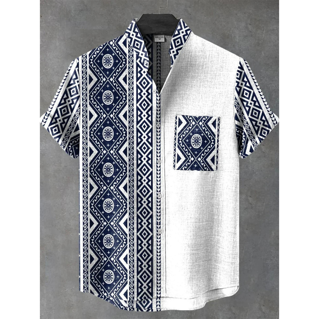 เสื้อแขนสั้นสไตล์ชาติพันธุ์ใหม่สำหรับผู้ชาย พิมพ์ลายสวยงาม มีกระดุม