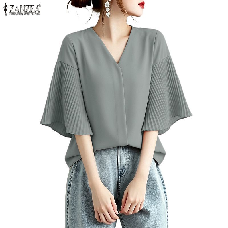 ZANZEA ผู้หญิงเกาหลี Elegant Feminine V คอ 3/4 Flare Sleeve Pleating Splic หลวมสีธรรมดาเสื้อ
