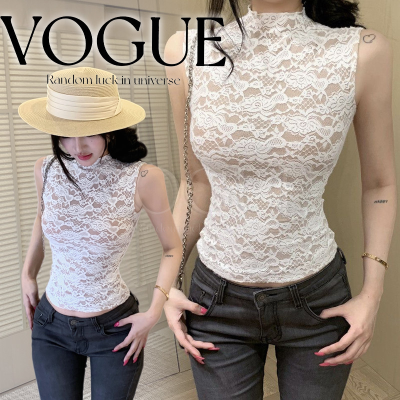 Vogue🌟พร้อมส่ง🌟 เสื้อแขนกุดคอเต่า ลายลูกไม้ใส่ซับ ผ้านุ่มลื่นใส่สบาย รัดรูป (FY1235)