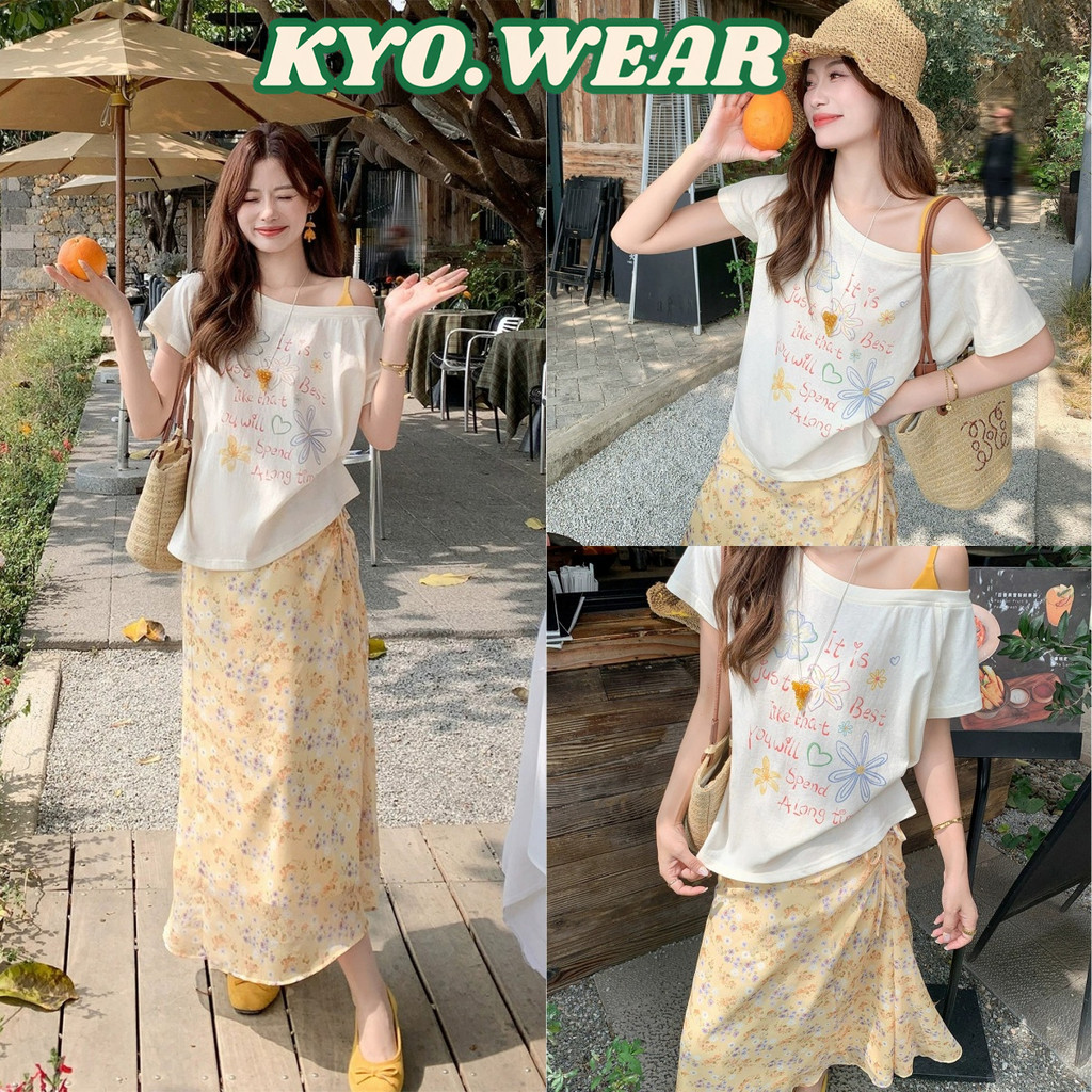 KYO 🌸 เกาหลีสไตล์ เสื้อปาดไหล่ผู้หญิง พิมพ์ลาย "Spend Flowers"​​ OVERSIZE ผ้าCOTTON ไม่ต้องรีด สาวร้อนแรง【COD】