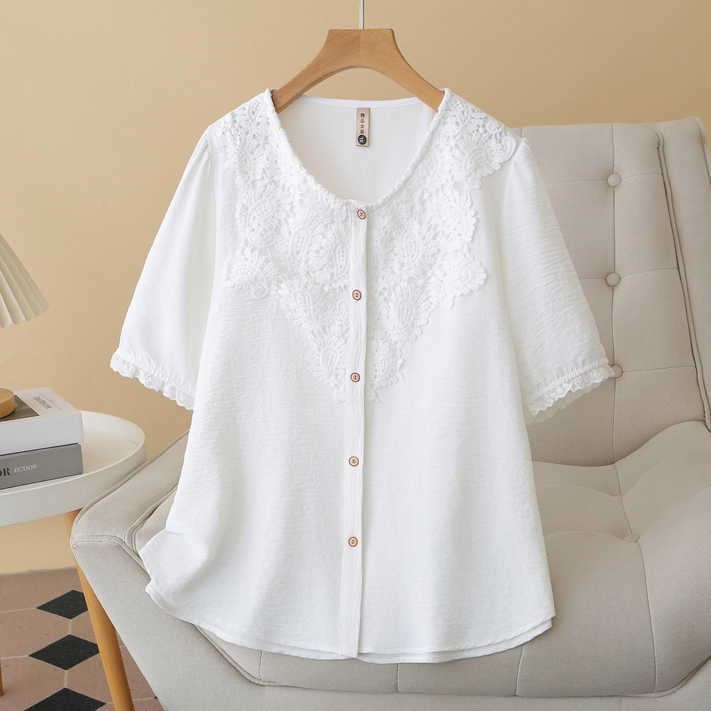 เสื้อเชิ้ตสำนักงานไซส์ใหญ่ สีขาวและชมพู แขนสั้น เหมาะสมใส่ทำงานและออกสไตล์ในฤดูร้อน