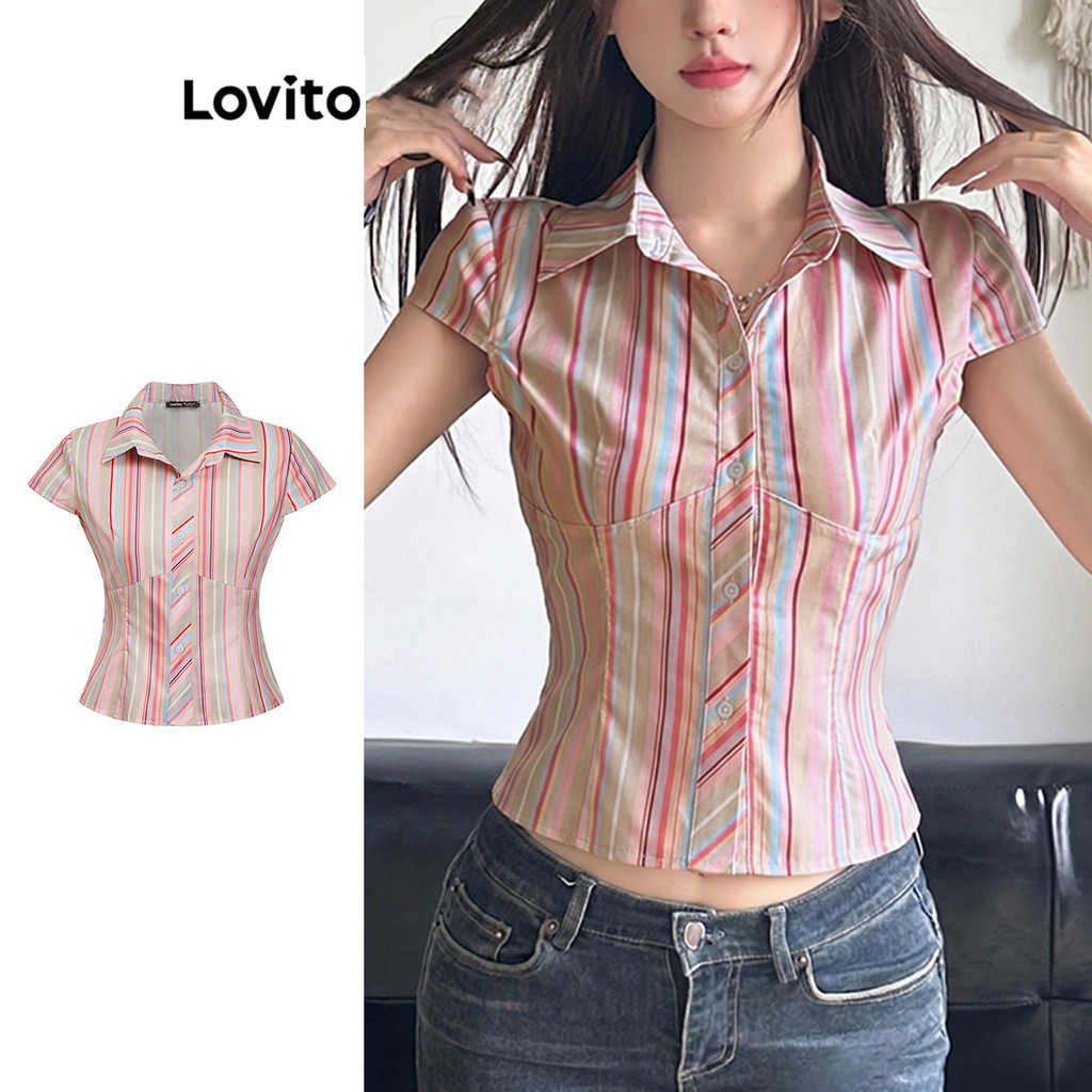 Lovito เสื้อเบลาส์ ลายเส้นสีรุ้ง ลำลอง สำหรับผู้หญิง L109MD189 – โปรปัง