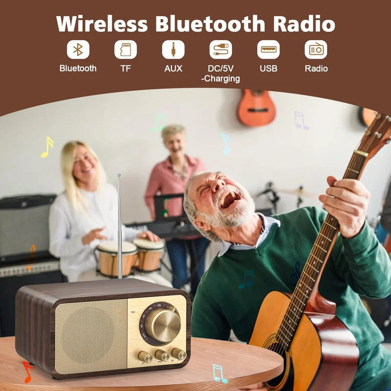 JY-66 Retro ไม้ลําโพงบลูทูธ, 5W Super Bass Soundbox พร้อมวิทยุ FM TF Card USB AUX แฮนด์ฟรีสําหรับโฮมออฟฟิศกลางแจ้ง
