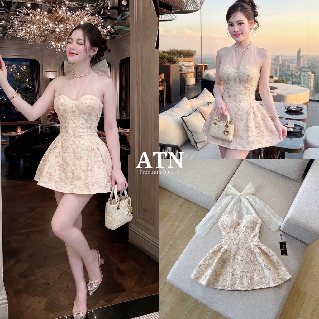 (พร้อมส่ง) ATN144  มินิเดรสคล้องคอผ้าปักลายดอกไม้ เนื้อผ้ามีความวิ้งเล่นแสง ไม่ว่าจะไปงานไหน ชุดนี้ใส่แล้วสวยออร่าพุ่ง