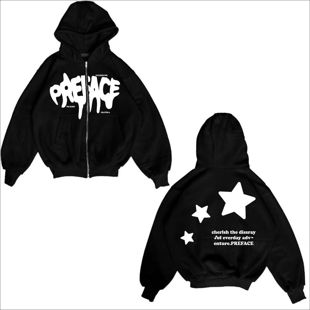 ผู้ชาย hoodieKaos Boxy Jaket เสื้อกันหนาว PREFACE สีดําซิปคู่คุณภาพสูง Street Wear Aesthetic Unisex 