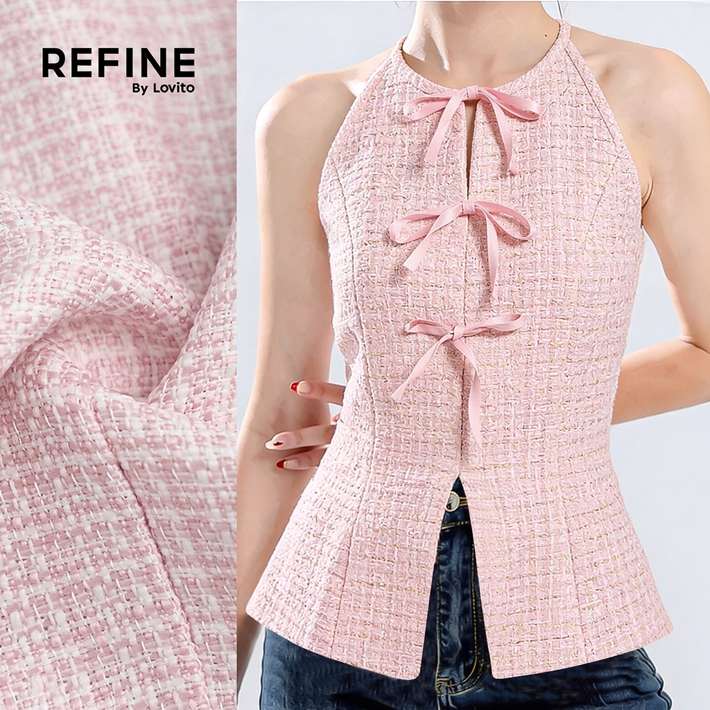 (Refine by Lovito) เสื้อเบลาส์ผ้าแจ็คการ์ดลายโบว์ประดับ สีชมพูสําหรับสุภาพสตรี LR35E034