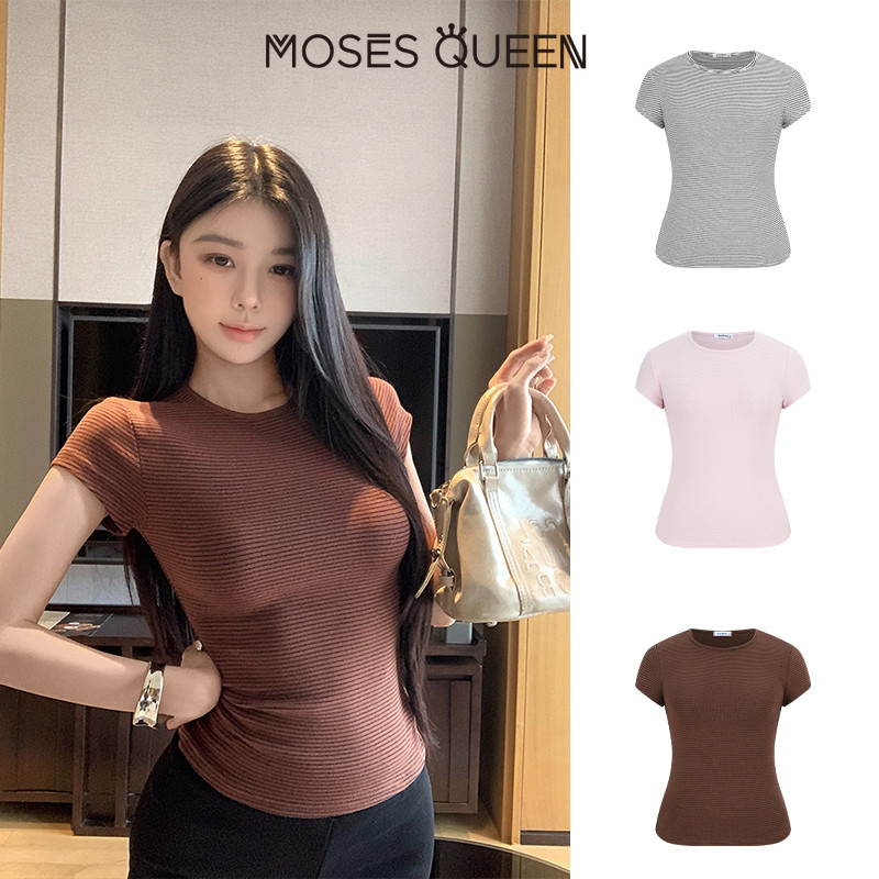 < MOSESQUEEN > มอสส์ ราชินี เสื้อยืดคอกลมลายทางอเนกประสงค์สไตล์พื้นฐานสําหรับผู้หญิงเสื้อท็อปแขนสั้นอินเทรนด์สําหรับเด็กผู้หญิง #63550