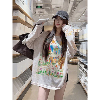Vogue🌟พร้อมส่ง🌟 เสื้อซีทรูแขนยาวคอกลม ทรงโอเวอร์ไซส์ ลายระบายสีน่ารักๆ ใส่สบาย (FY2149)