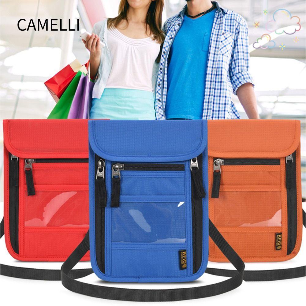 CAMELLI กระเป๋าสตางค์คอพร้อมสายคล้องคอปรับได้สําหรับผู้ชายผู้หญิง Minimalist RFID Blocking