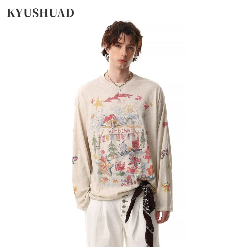 เสื้อยืดแขนยาวพิมพ์ลายกราฟฟิตีวาดด้วยมือระดับไฮเอนด์ของผู้ชายและผู้หญิง