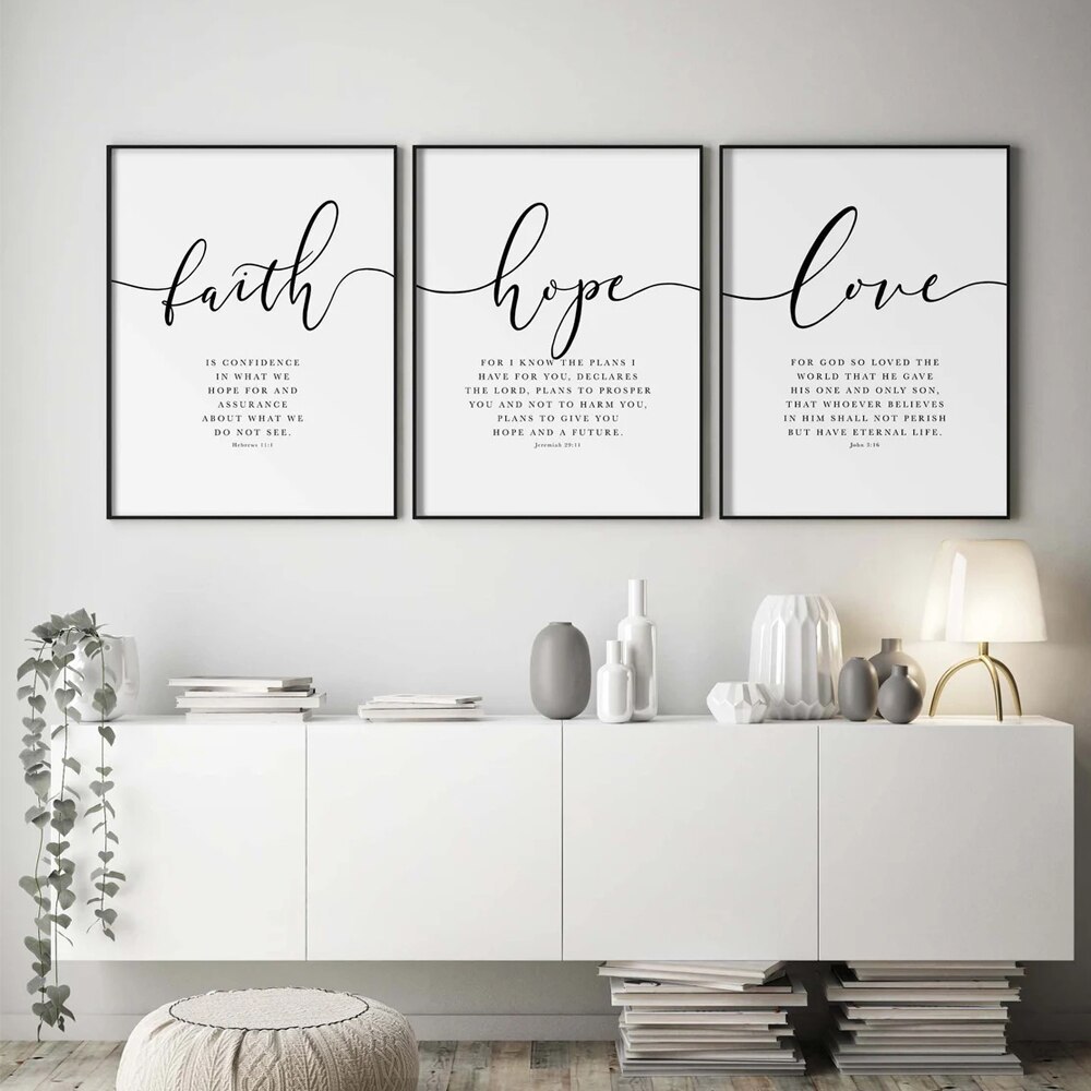 Faith Hope Love Bible Verse โปสเตอร์ผ้าใบคําคมสร้างแรงบันดาลใจ Minimalist Wall Art สําหรับตกแต่งบ้าน