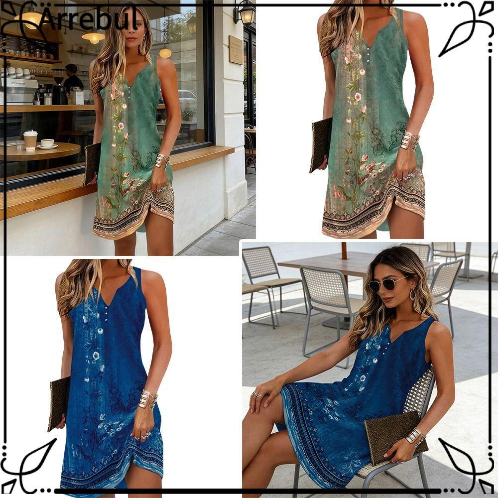 AREBUL ชุดสตรี, ฤดูร้อนชุดโบฮีเมียนหลวม, แฟชั่น V คอ Casual Cover-Ups ชุดวันหยุดชายหาด