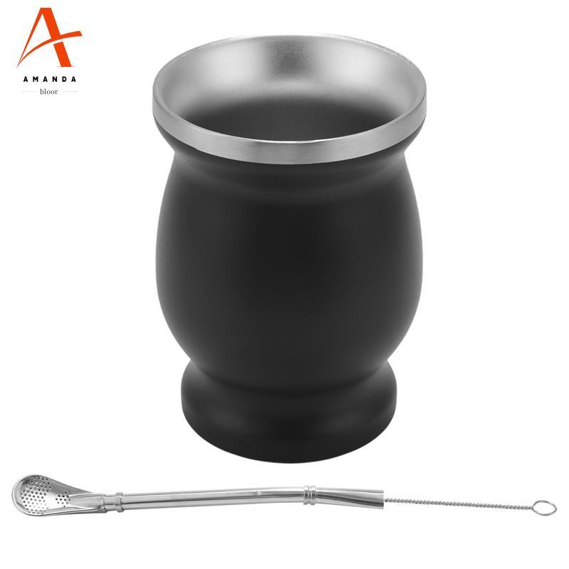 ชุดน้ําเต้าเยอร์บา Mate Double-Wall Stainless Tea Cup และ Bombilla 8 ออนซ์ Bombillas Yerba Mate Stra