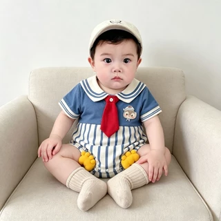 ฤดูร้อนใหม่เด็กบางแขนสั้น ชุดจั๊มสูท 0-24 เดือนเป็นมิตรกับผิวและสะดวกสบายสุดน่ารักกองทัพเรือเพนกวิน ชุดรอมเปอร์ สไตล์เกาหลี