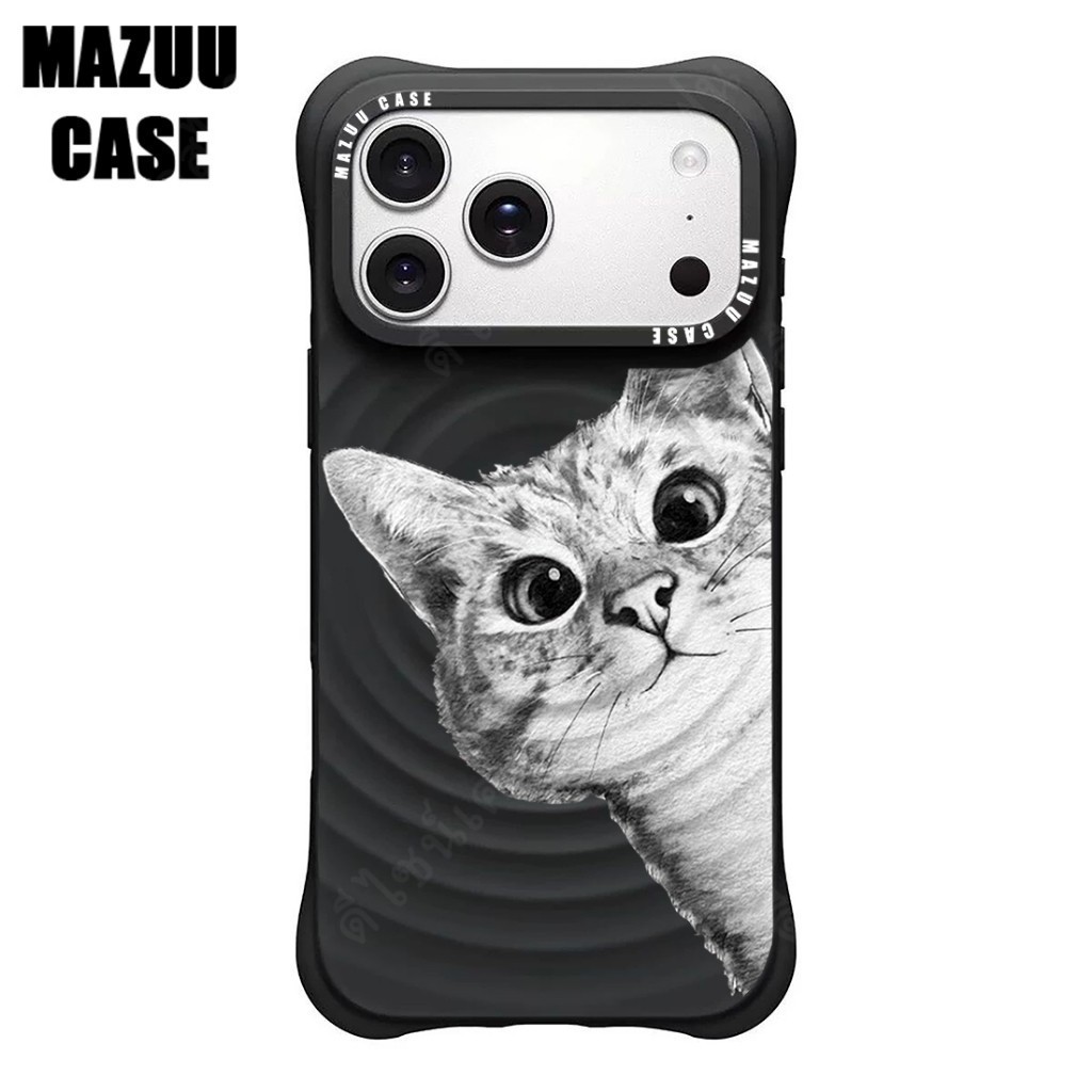 เคสไอโฟน ซิลิโคนสีดำ แม่เหล็ก กันกระแทกมุม ลายแมวสเก็ตช์สีขาวดำสุดน่ารัก สำหรับ iPhone 17 16 15 14 13 12 11 Pro Max Plus