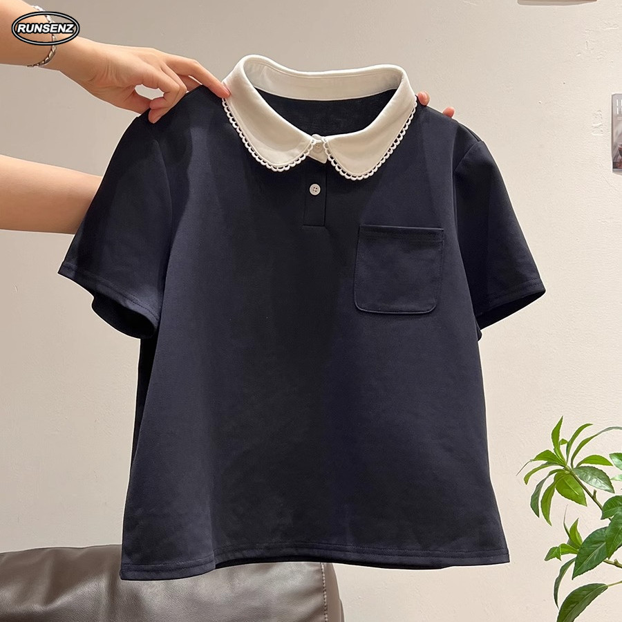 M-4XL สีกรมท่า Contrast Collar แขนสั้นผู้หญิง Plus ขนาดเสื้อลําลอง