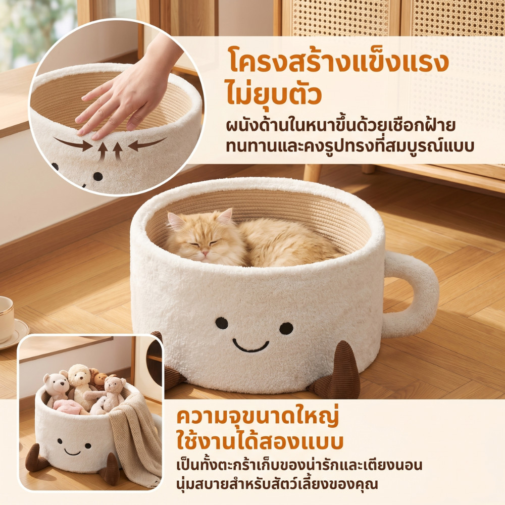 เตียงแมว ที่ข่วนเล็บแมว 2in1 รูปถ้วยชาน่ารัก ทนทาน ไม่ขุยหลุด ใช้ได้ทุกฤดูกาล สำหรับแมวสุนัขขนาดเล็ก