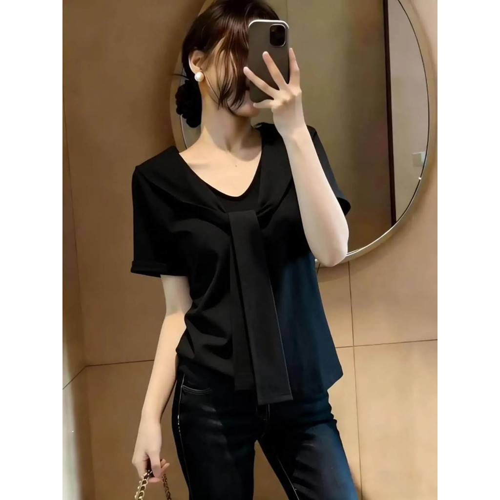 XUHENJIAN Seckill นม Apricot v คอผ้าคลุมไหล่ด้านหน้าไหล่แขนสั้นเสื้อยืดผู้หญิงฤดูร้อน Plus ขนาดไขมัน