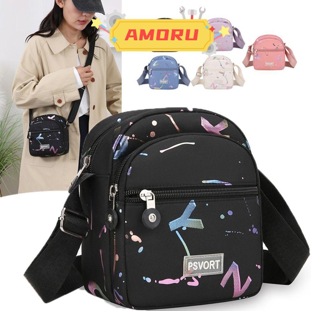AMOR12U7 กระเป๋าสะพายไหล่, กระเป๋าสะพายข้างขนาดเล็กหลายชั้น, กระเป๋าแฟชั่นไนลอนผู้หญิง