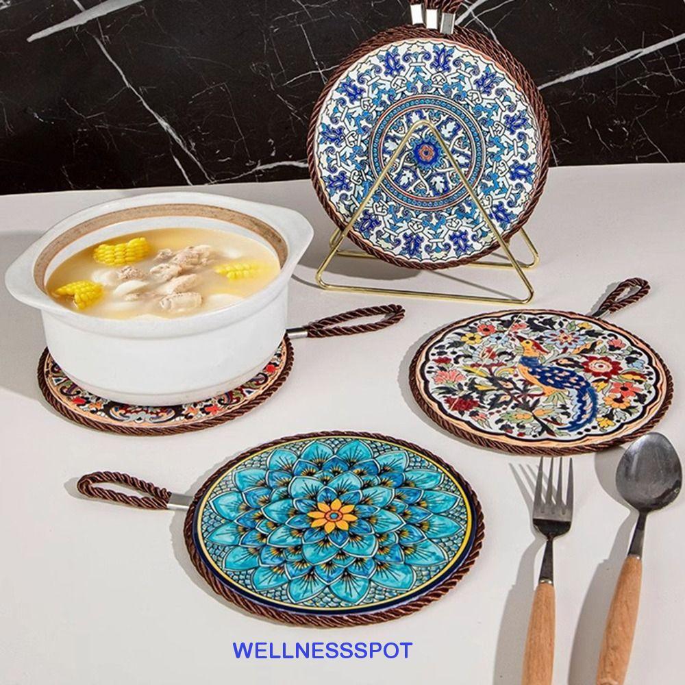 WELLNESSSPOT แผ่นฉนวนกันความร้อน,เสื่อโต๊ะรับประทานอาหารสไตล์ชาติพันธุ์กันน้ํามัน, อุปกรณ์ครัว Anti-scalding พื้นผิวเซรามิกสีสันสดใสแผ่นกันลื่นที่รองแก้วตกแต่งบ้าน