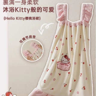 Hello Kitty Cherry Series ชุดเดรสอาบน้ําขนแกะปะการังสามารถสวมใส่สามารถห่อน้ําดูดซับน้ําแห้งเร็วเสื้อคลุมอาบน้ําสไตล์เจ้าหญิงน่ารัก