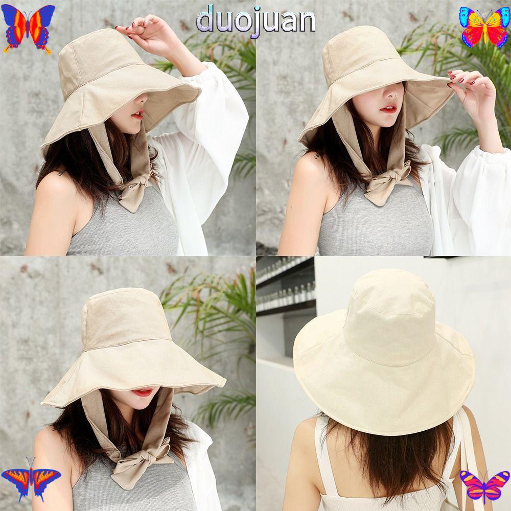 หมวกกันแดด DUOJUAN, ผ้าฝ้ายผ้าลินินหมวกชาวประมงพับได้, Travel Big Brim Tie Design Visor Cap Beach Wear