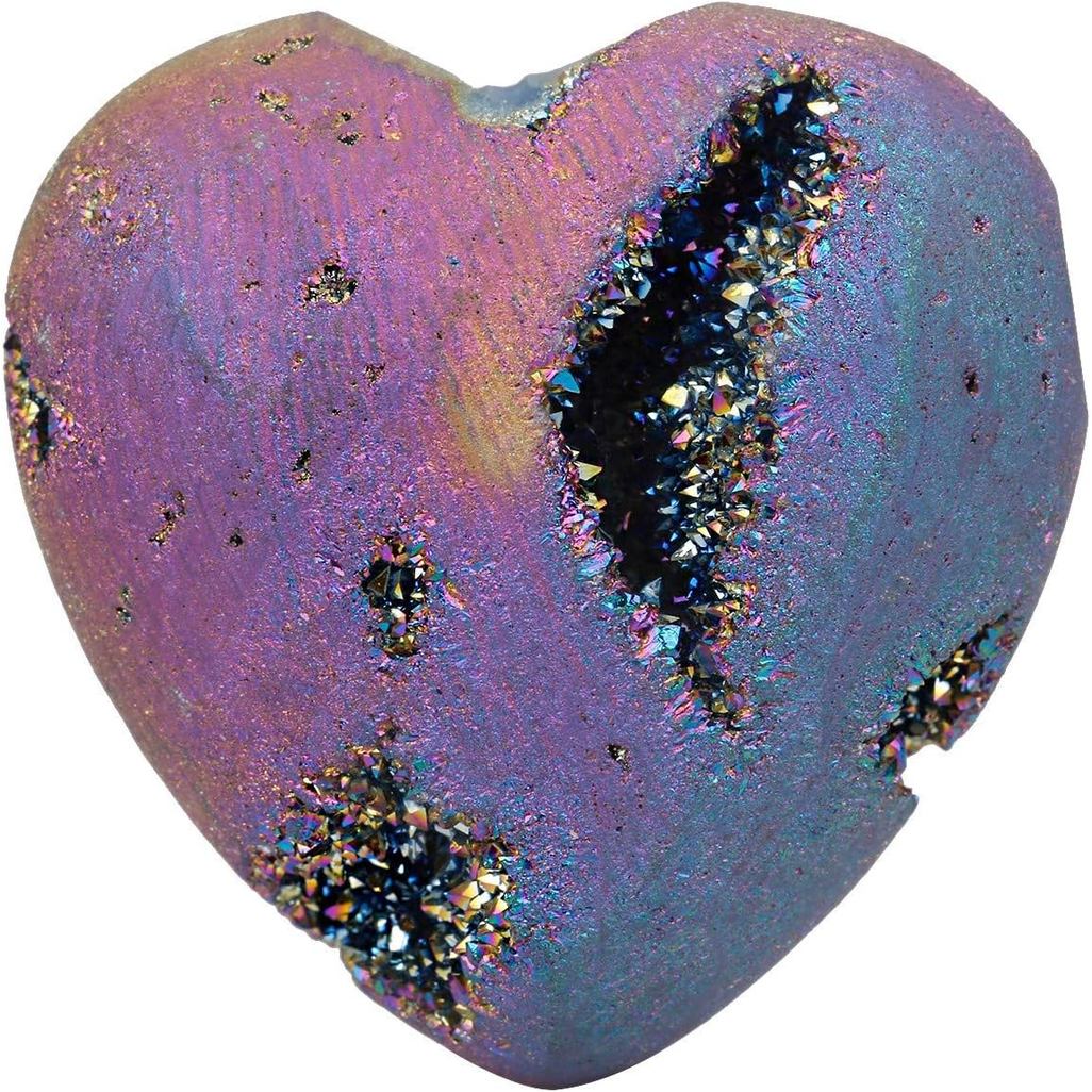 Rockcloud Heart Shape Titanium Coated Agate Geode Druzy Home Decorative Pocket Stones Species, Rainb
