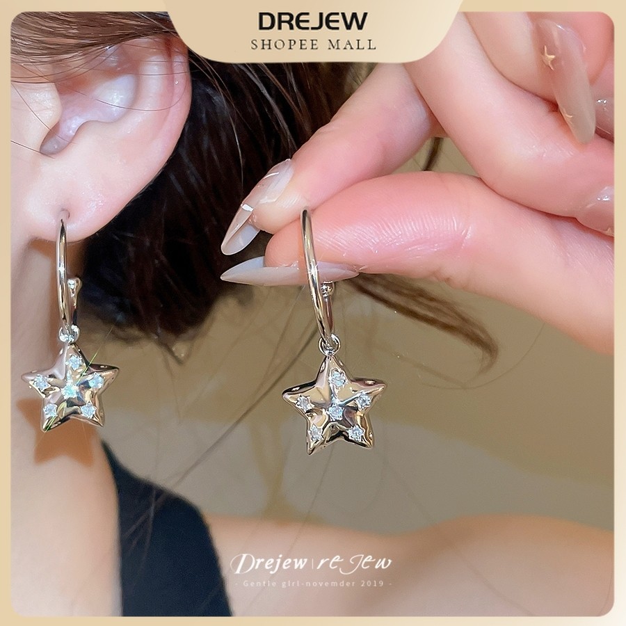DREJEW ต่างหูห่วงเพทายดาว สไตล์มินิมอล 3 มิติสีเงิน เหมาะสำหรับการทำงานและสวมใส่ทุกวัน