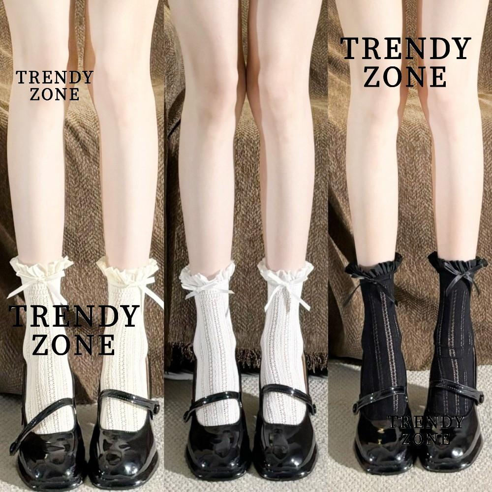 TRENDYZONE ถุงเท้าสไตล์ Lolita Hollow Lace Bowknot & Fishnet สีทึบสำหรับหญิง