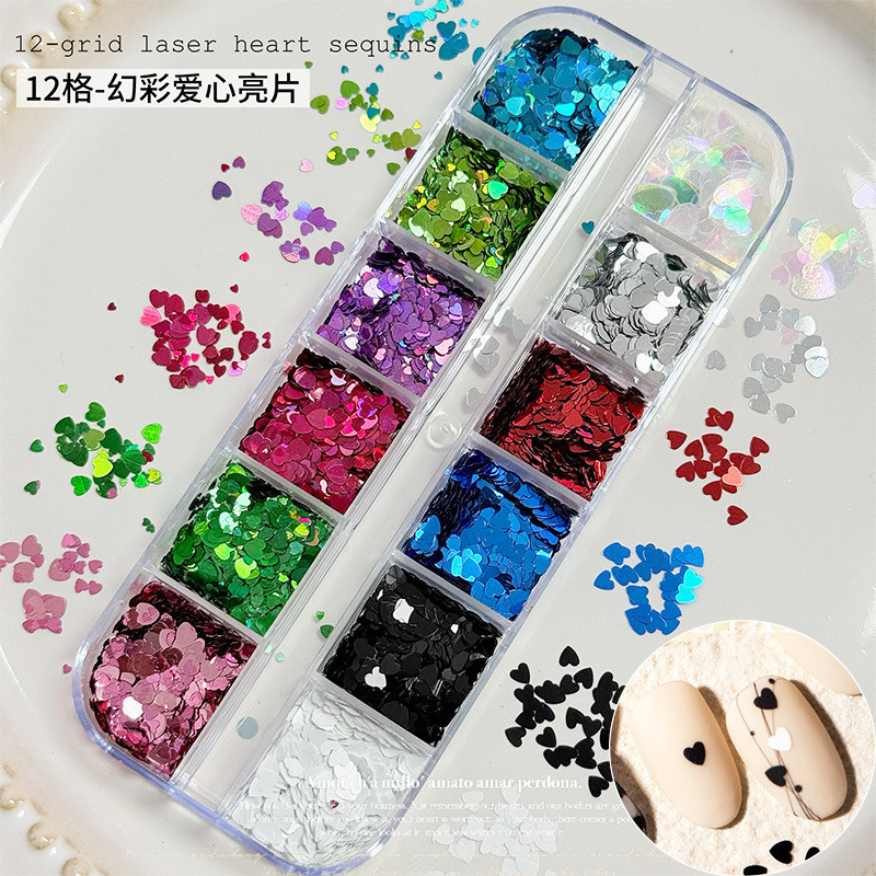 12 กริด Symphony Love Heart Sequins เล็บ Eye แต่งหน้า DIY Handmade ตกแต่ง Patch 3 มม.เลเซอร์ Peach Heart เล็บตกแต่ง